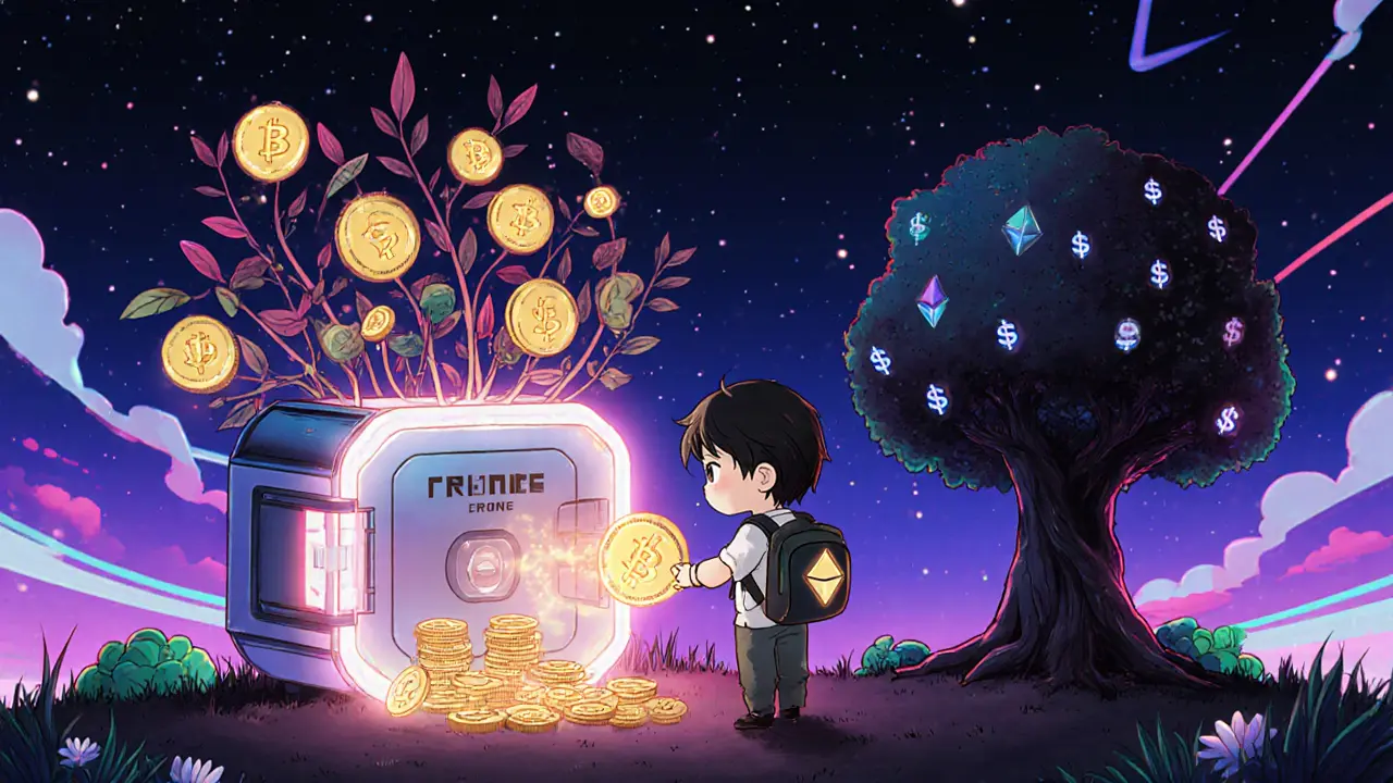 User staking MTD tokens in a glowing Vault with Cronos blockchain tree nearby