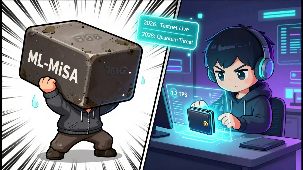 A chibi miner struggling with a huge quantum-resistant block while a developer tests a new wallet prototype.