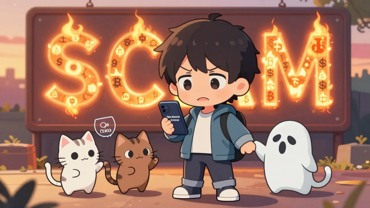 A confused person surrounded by three mischievous chibi cats, one holding a fake airdrop pop-up with scam symbols in the background.