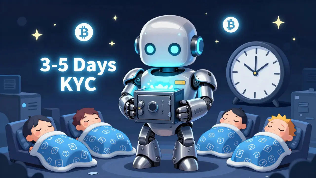 A custodian robot guarding a cold wallet as sleepy investors rest under blockchain blankets at night.