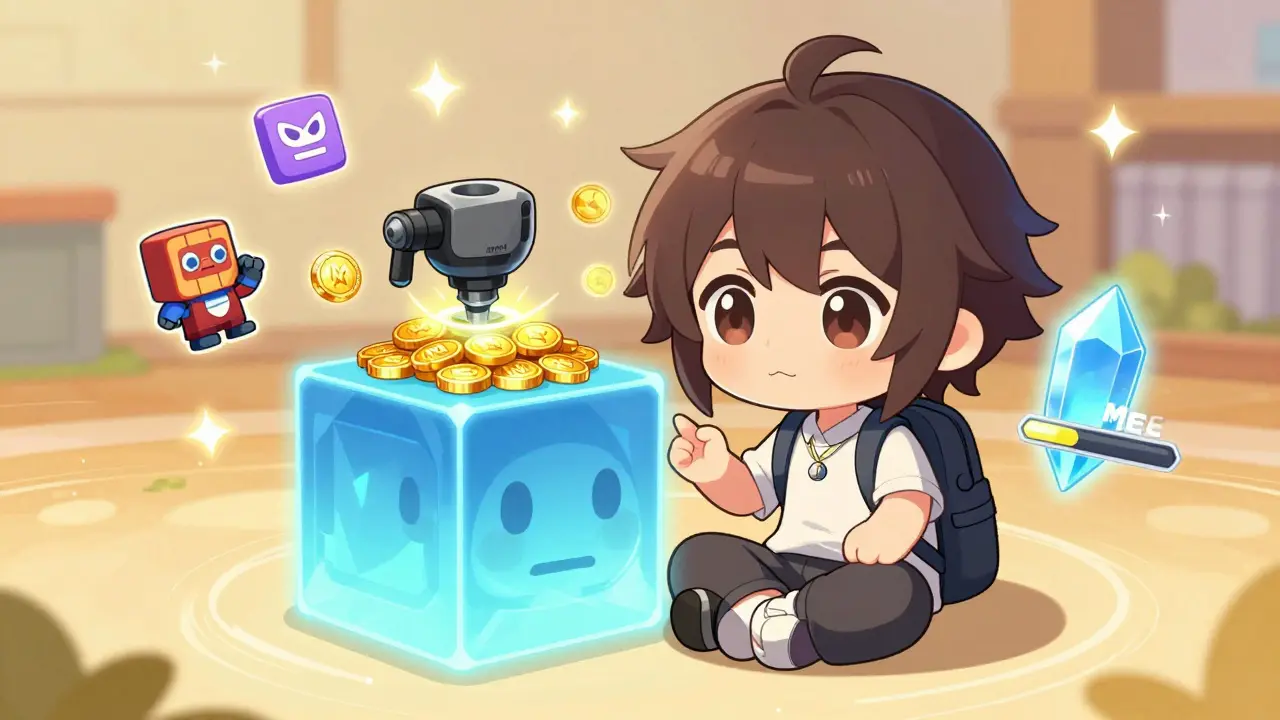 A cute user mining MBOX tokens with a glowing MOMO NFT cube and MEC crystal nearby.