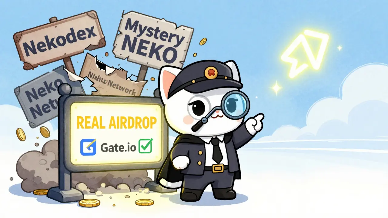 A detective cat pointing toward a verified airdrop sign while fake crypto projects crumble behind it.