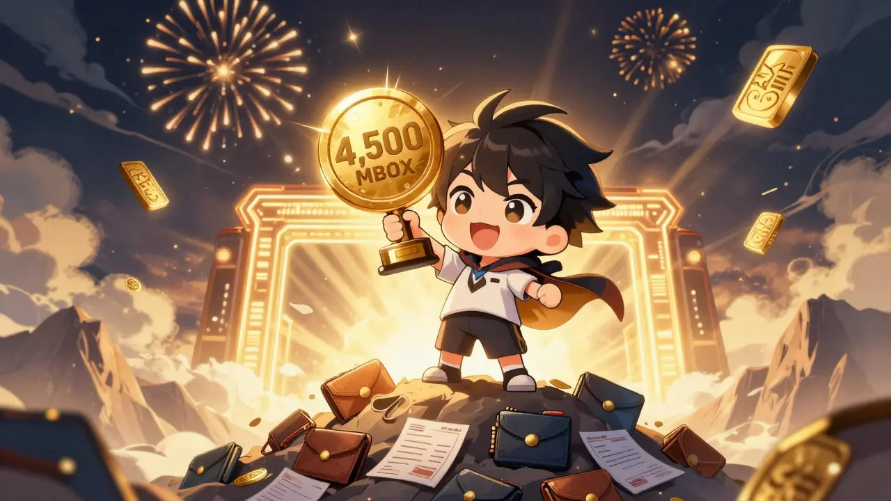 A happy player holding a giant MBOX token trophy as ChainZ Arena glows behind them.
