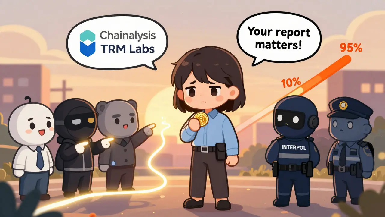 A user helped by chibi analysts tracking crypto crime, with an agent arresting a criminal and progress bar rising.