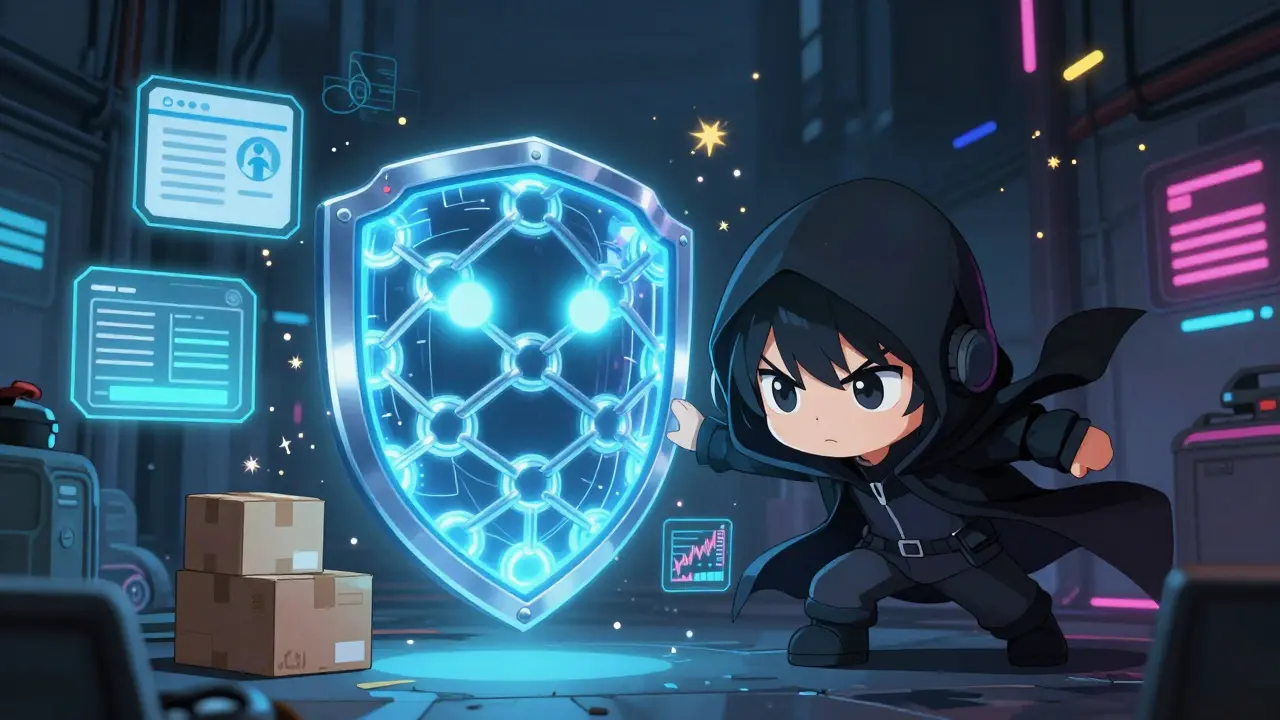 AI guardian protecting medical and financial data from a shadowy hacker in cyberpunk alley.