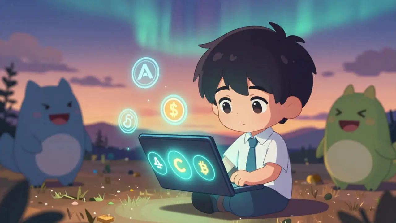 Calm chibi DeFi expert monitoring liquidity positions with fee earnings glowing softly.