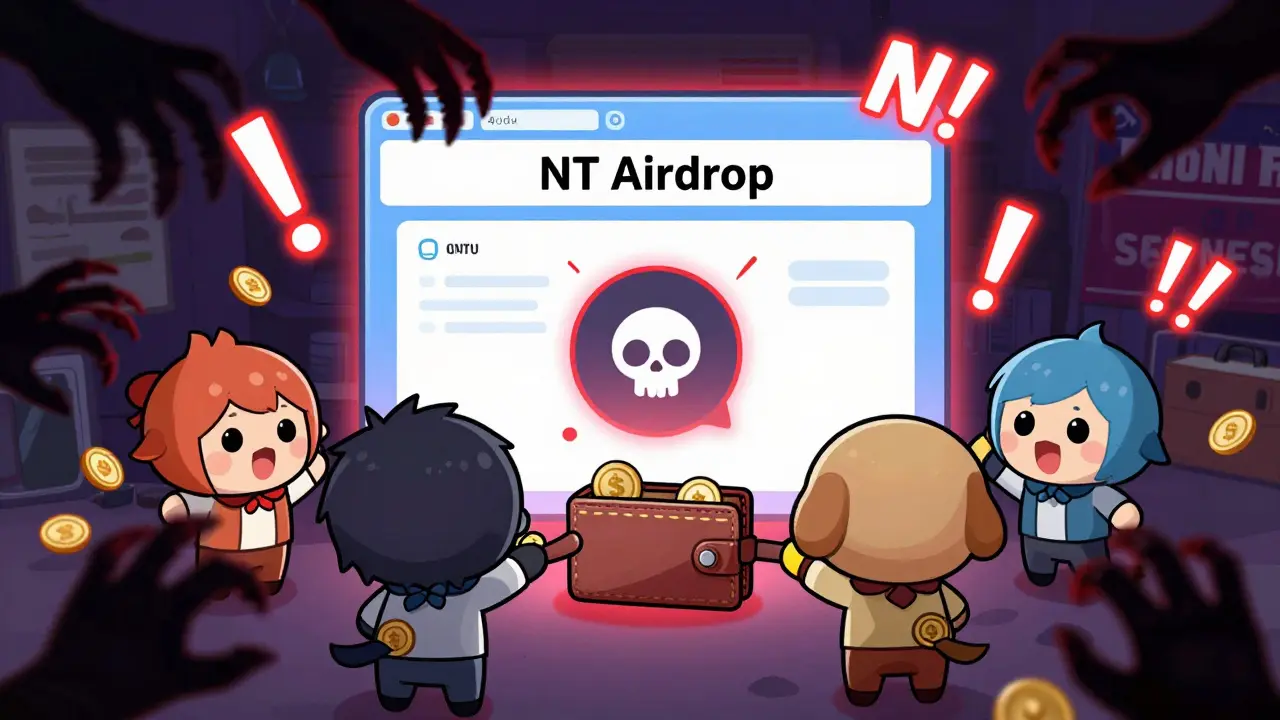 Chibi characters being drained by scam airdrop portal with shadowy hands.