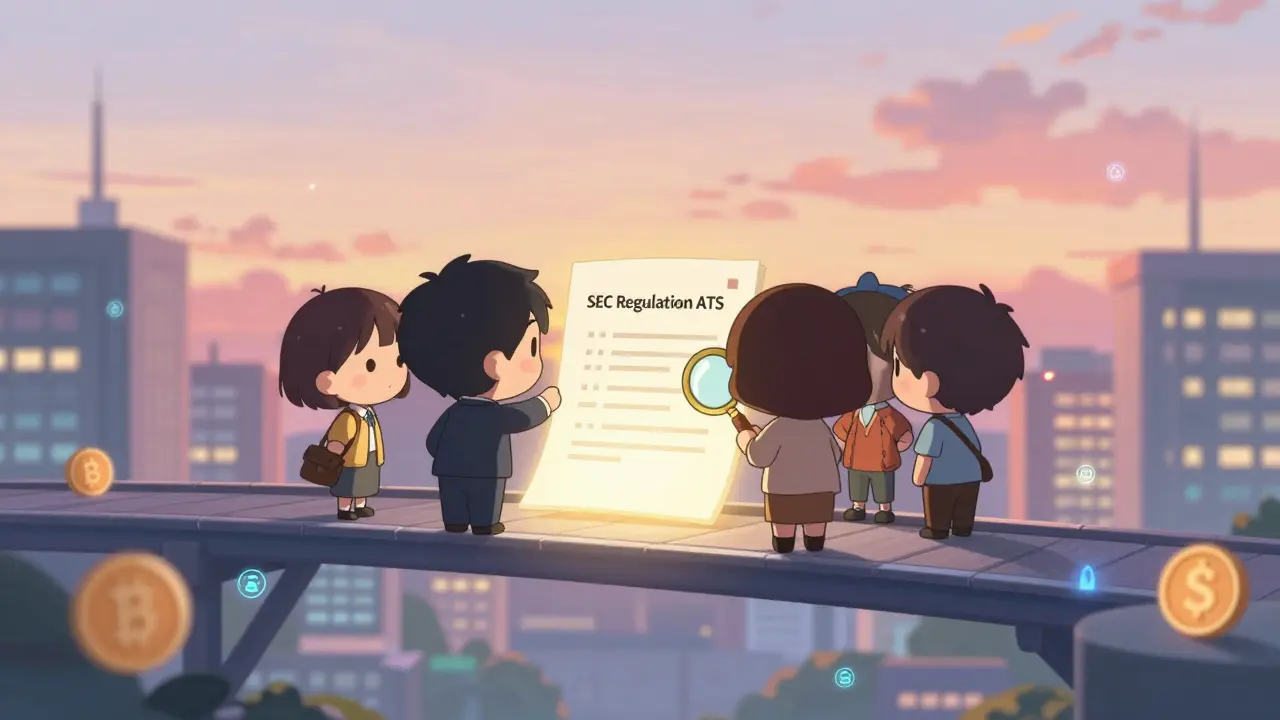 Chibi characters examining an SEC compliance document on a blockchain bridge above tokenized real estate.