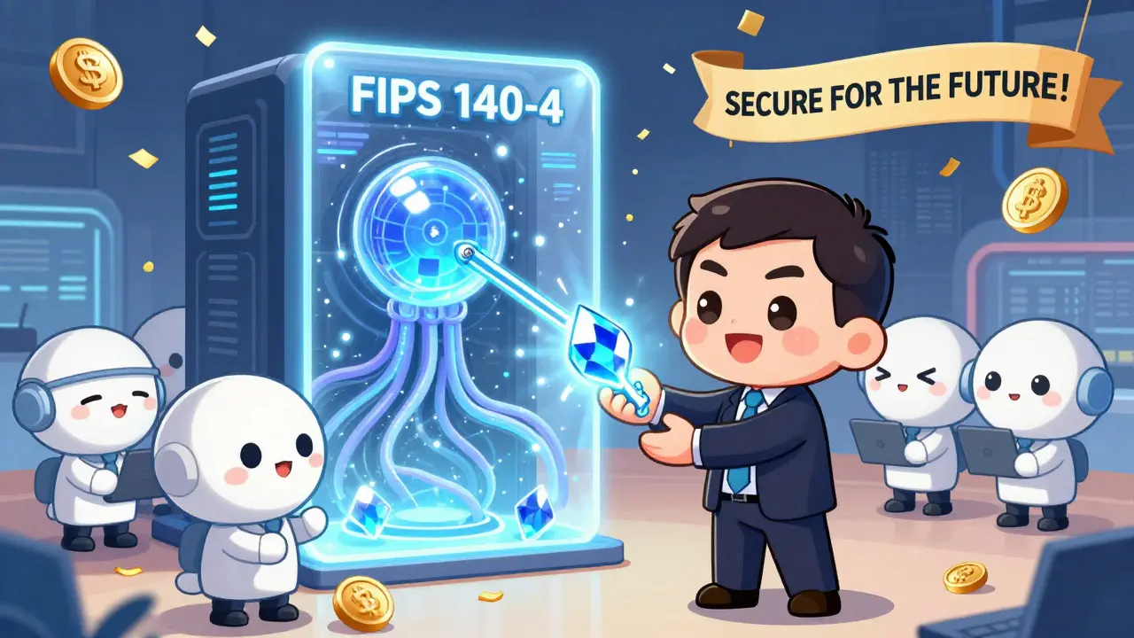 Chibi engineers receiving a post-quantum key crystal protected by a force field.