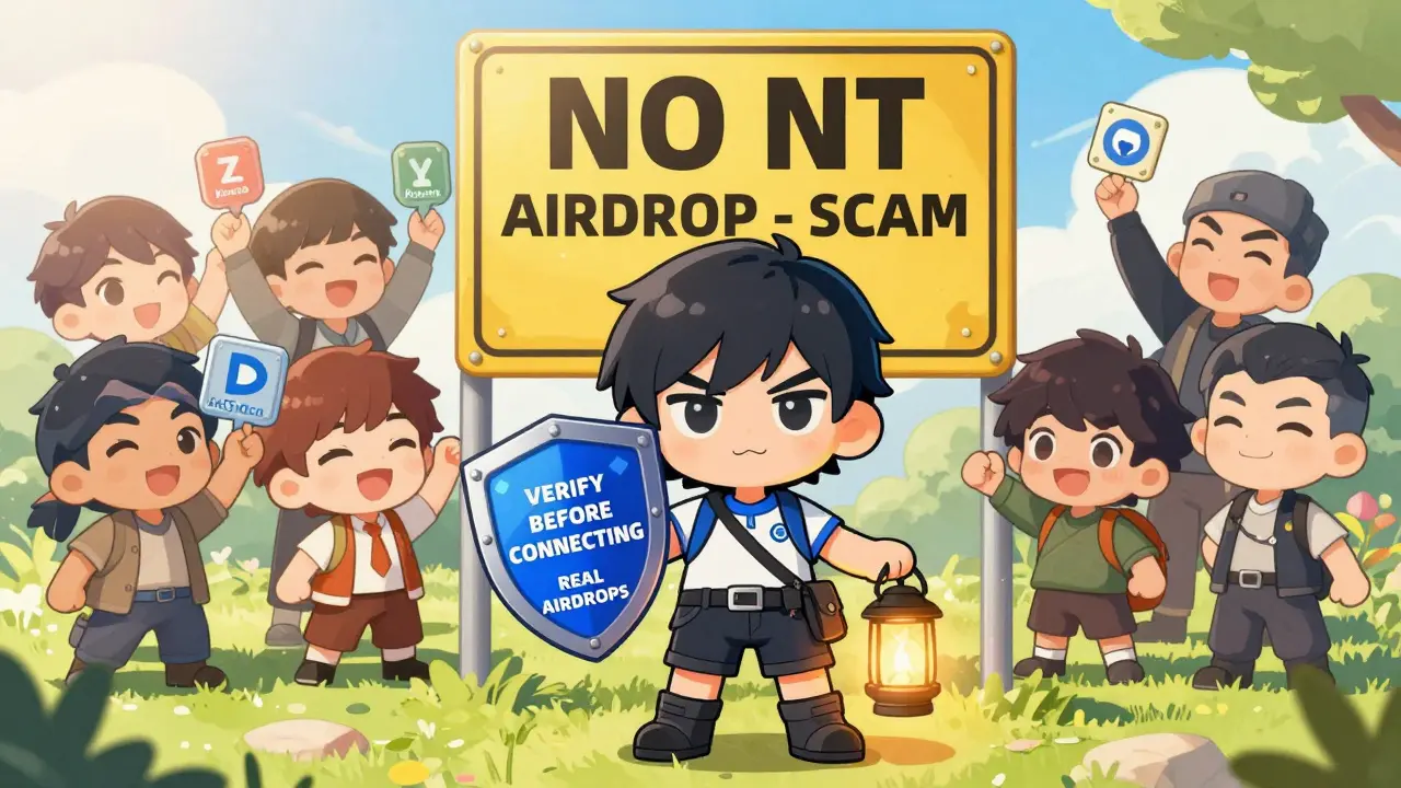 Chibi hero blocking scam sign with shield, others celebrating real airdrops.