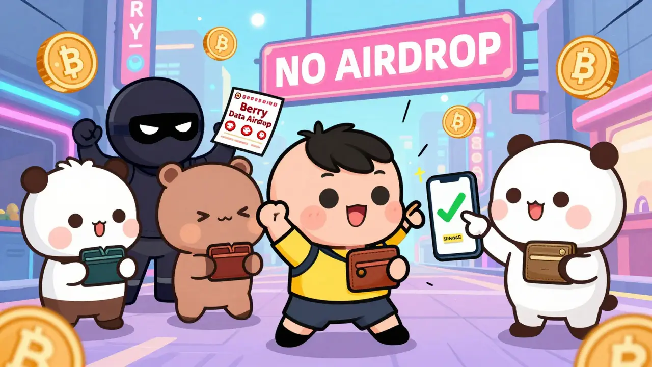 Chibi heroes stopping a scammer trying to trick users with fake Berry Data airdrop flyer.