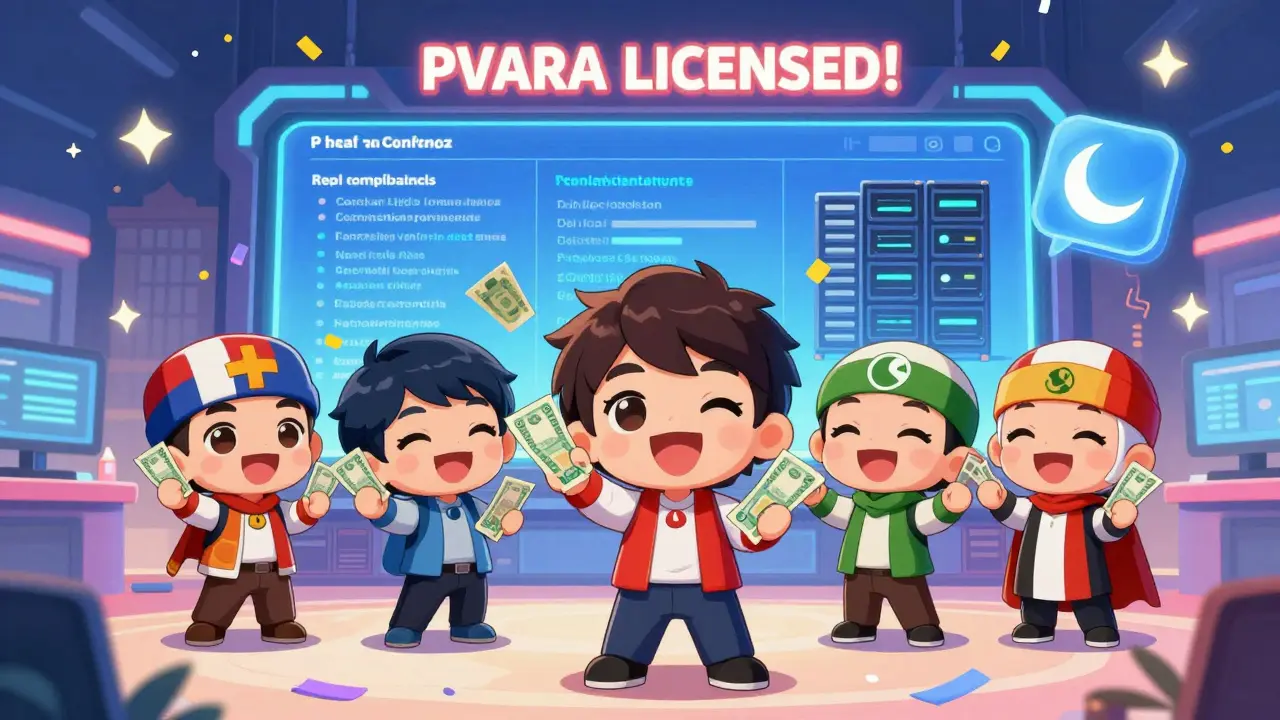 Chibi international team celebrating a PVARA license with halal crypto icons and Pakistani rupees in a digital compliance lobby.