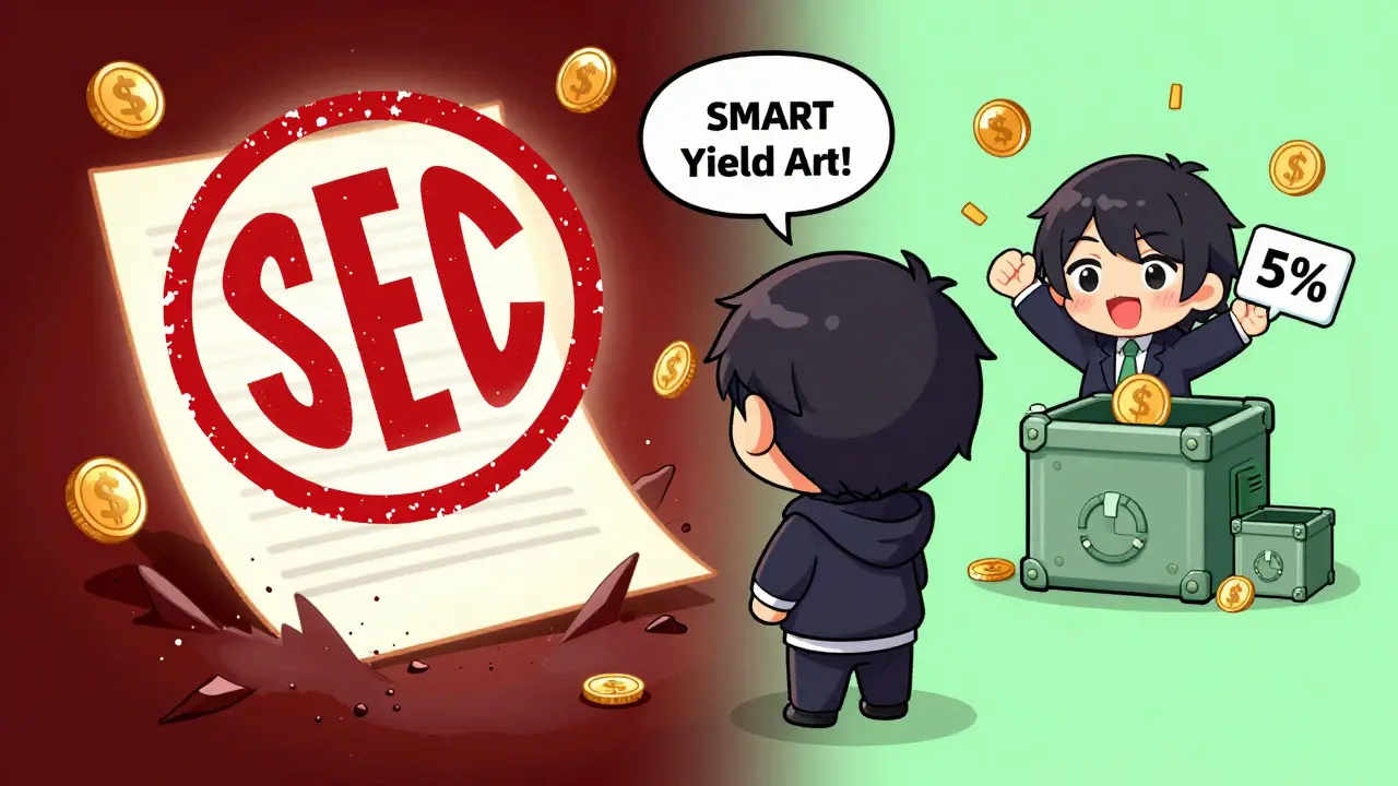 Chibi investor watching an SEC stamp destroy a SMART Yield contract while another safely uses Aave.