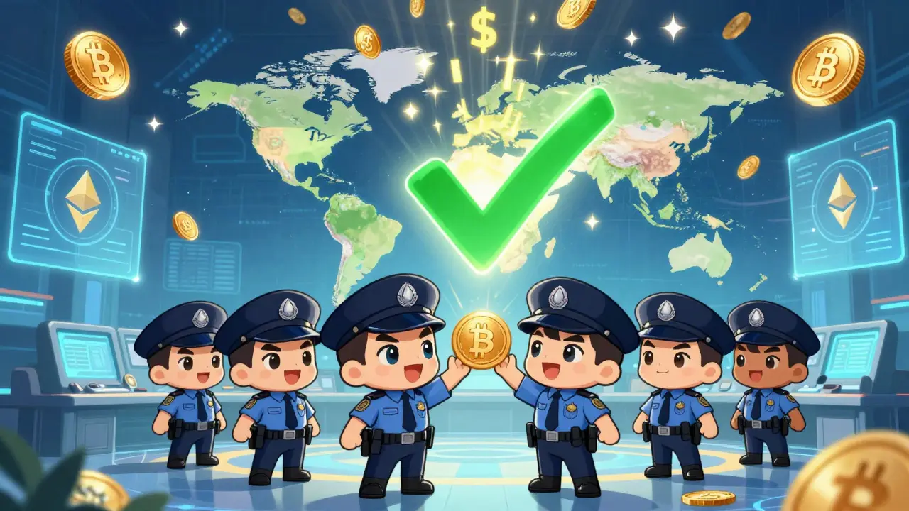 Chibi police team from around the world celebrating as digital money rains down on a world map.