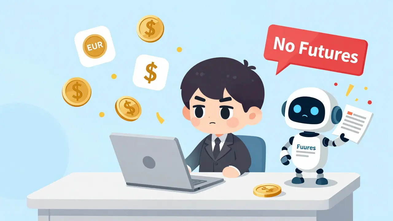 Chibi trader with Emirex interface, fiat coins falling, no futures warning.