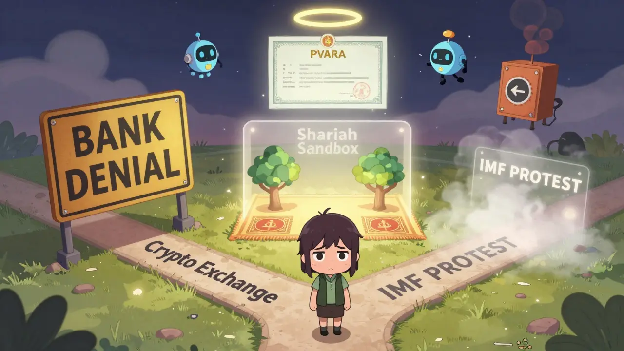 Chibi user at a crossroads between blocked bank, Shariah-compliant crypto path, and fading IMF protest with floating license above.