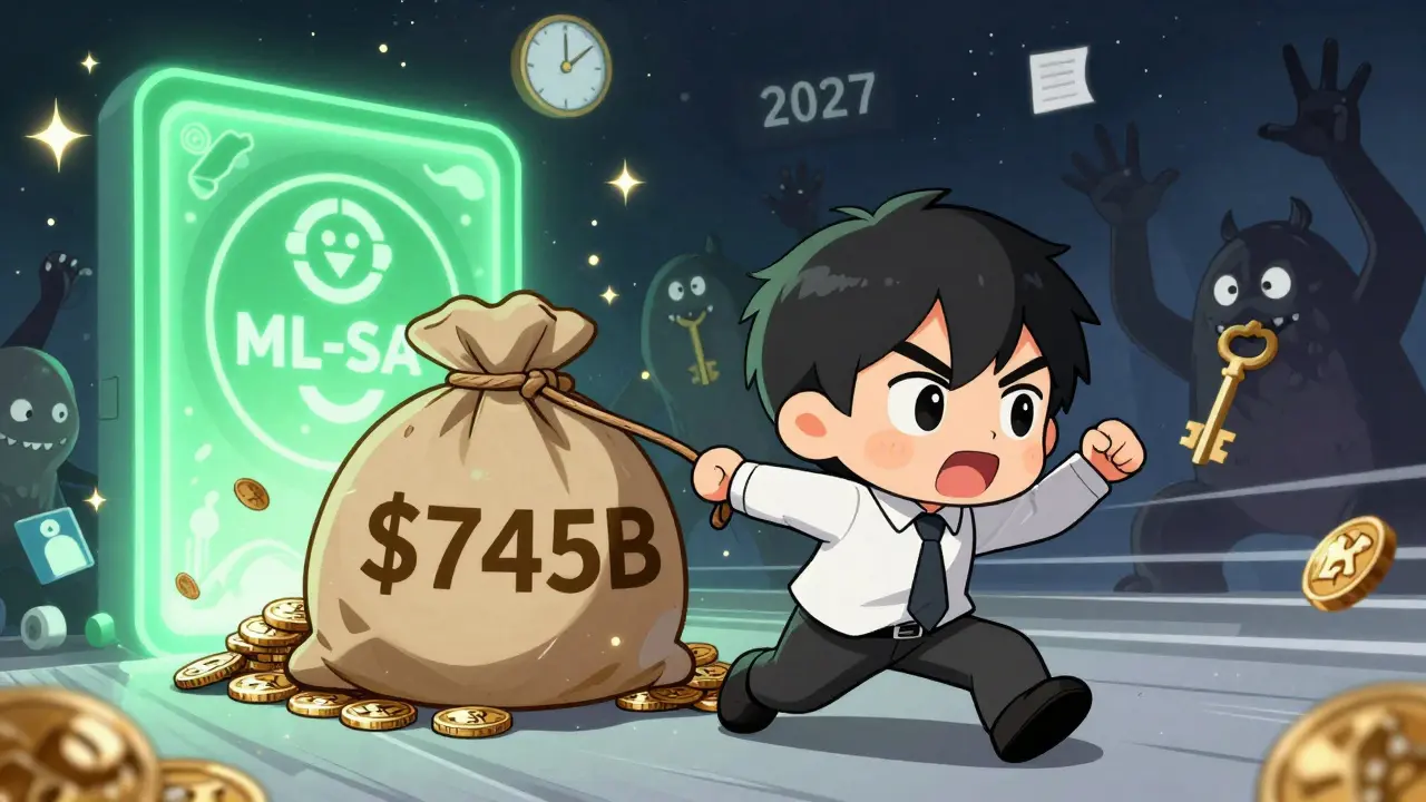 Chibi user dragging Bitcoin coins toward a glowing quantum-safe address portal.