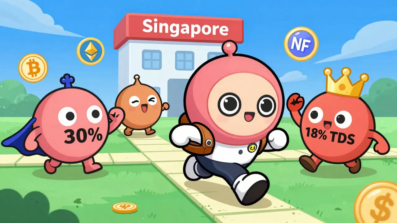 Chibi user running from tax monsters while crossing a blockchain path to a foreign exchange.