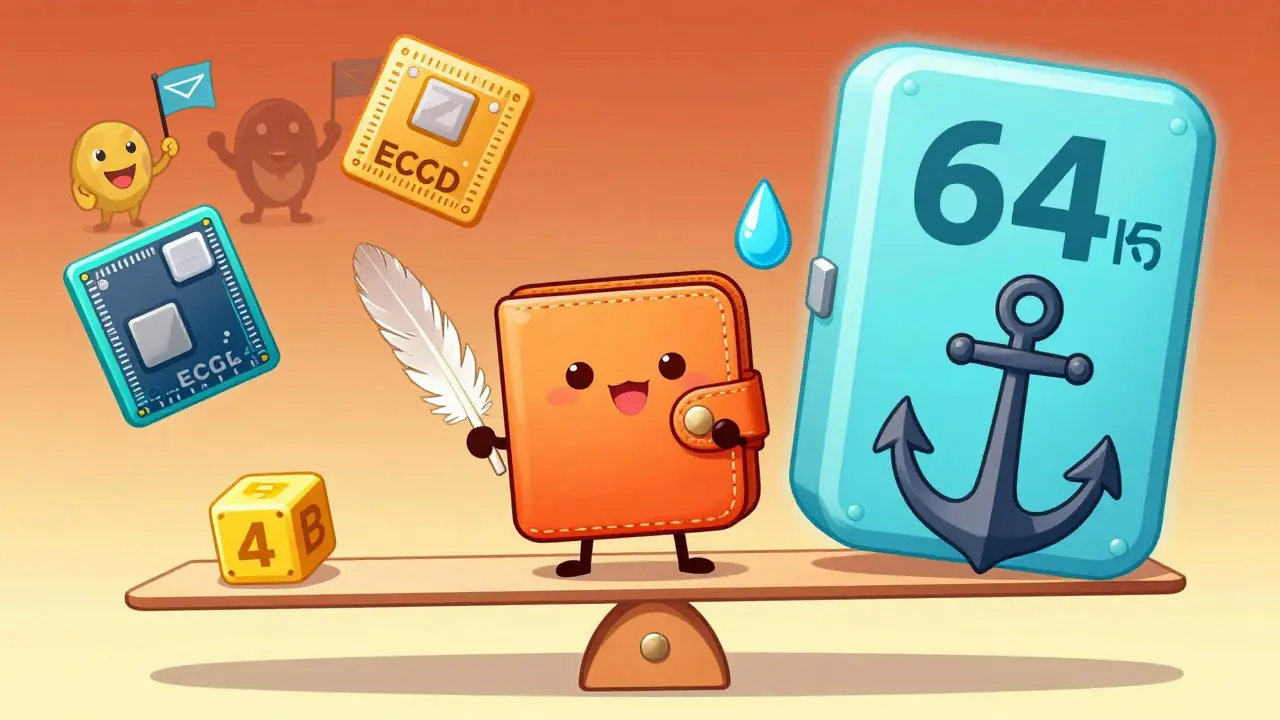 Chibi wallet balancing between old small block and new huge block with signature icons.