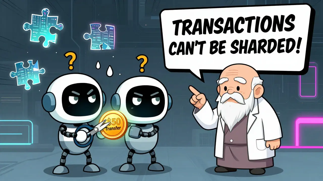 Confused robots trying to cut a transaction in half while a sage explains it's impossible.