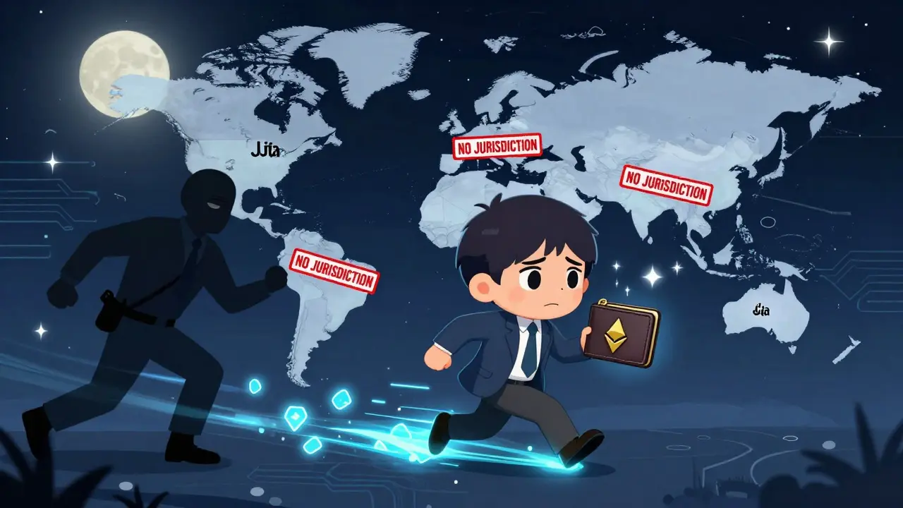 Crypto holder chased by DOJ agent across global jurisdictions in chibi anime style.