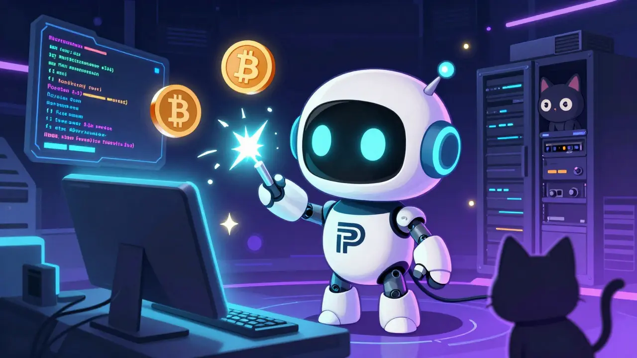 Cute robot with Poloniex logo using a glowing API cable to power a futuristic trading terminal with floating crypto tokens.