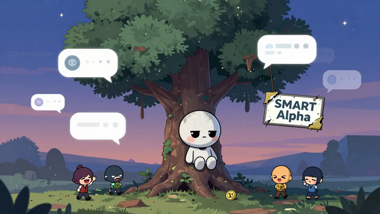 Faded BOND token mascot alone on a dusty blockchain tree as other users move on to safer DeFi options.