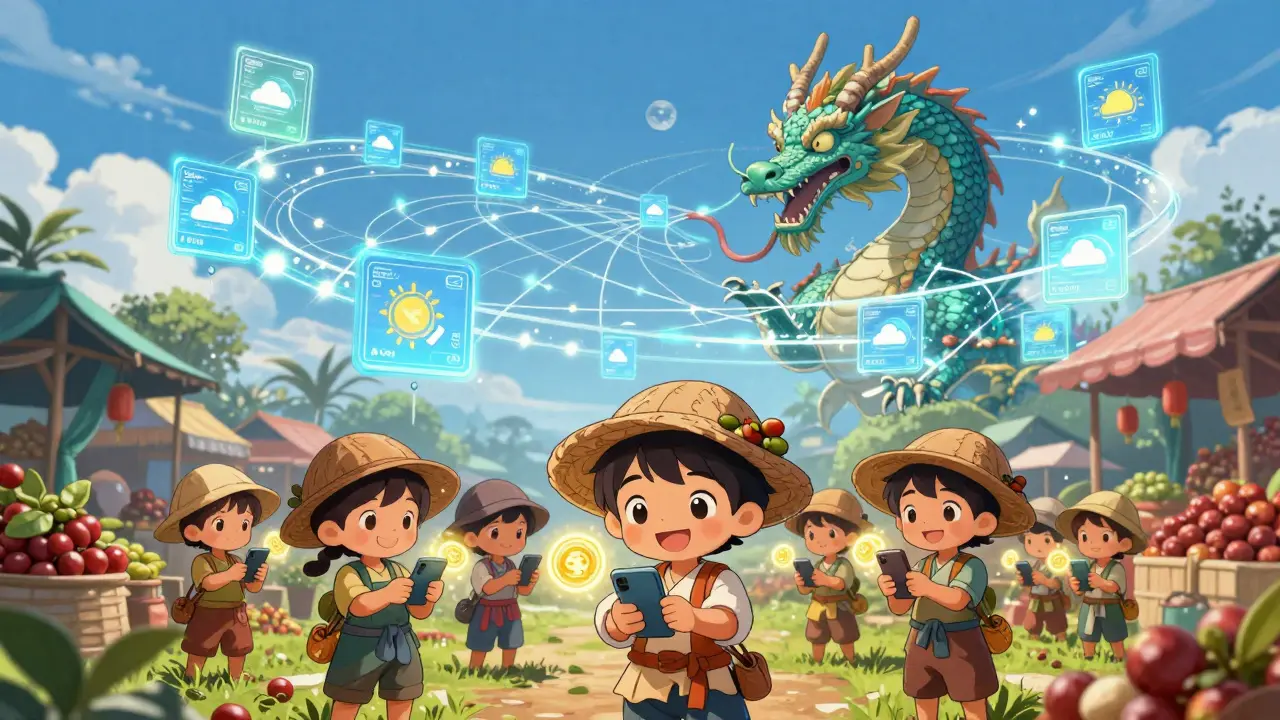 Farmers using smartphones to verify coffee beans with a data-dragon AI above a marketplace.