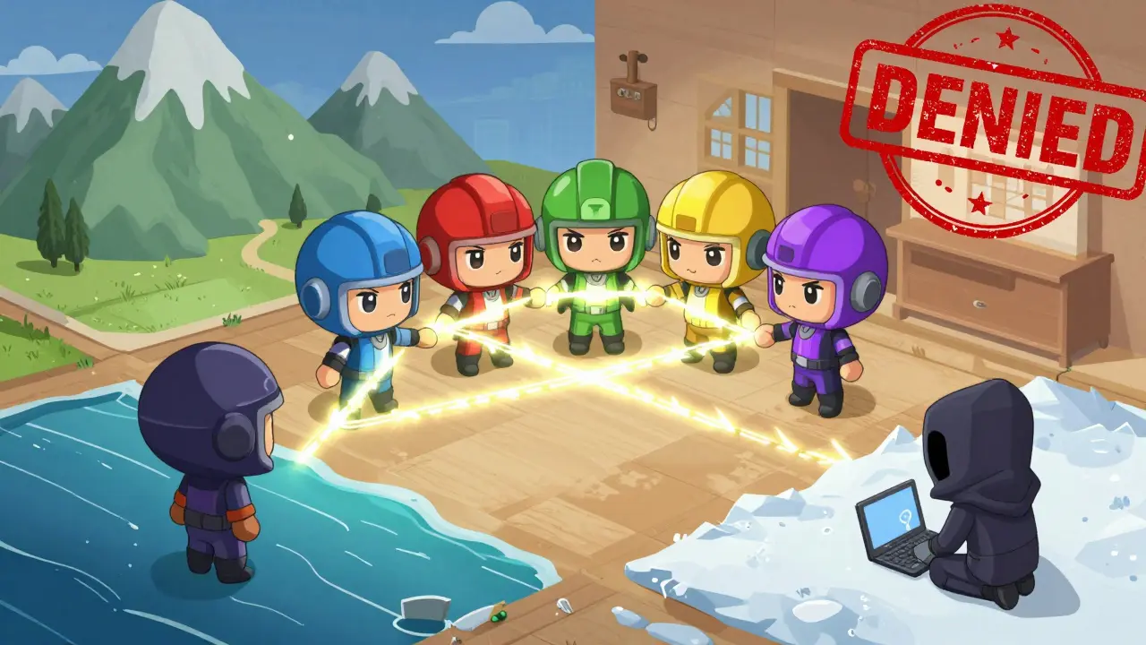 Five cute HSMs in different locations, three linking hands to authorize a transaction.