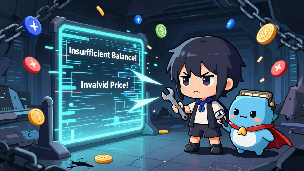 Frustrated user facing a glitchy bridge with error messages and a helpful wallet mascot.