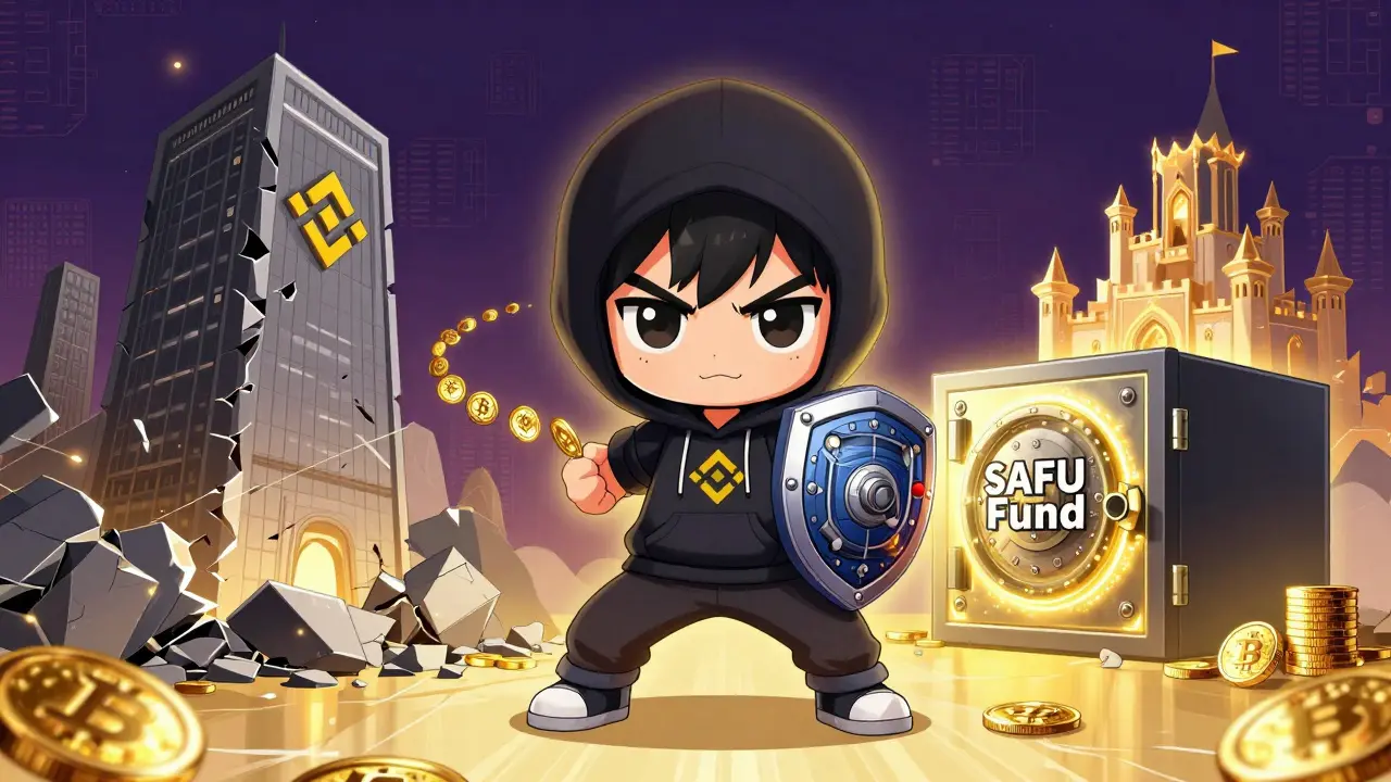 Hero with hardware wallet stands between collapsing Binance tower and glowing SAFU vault.