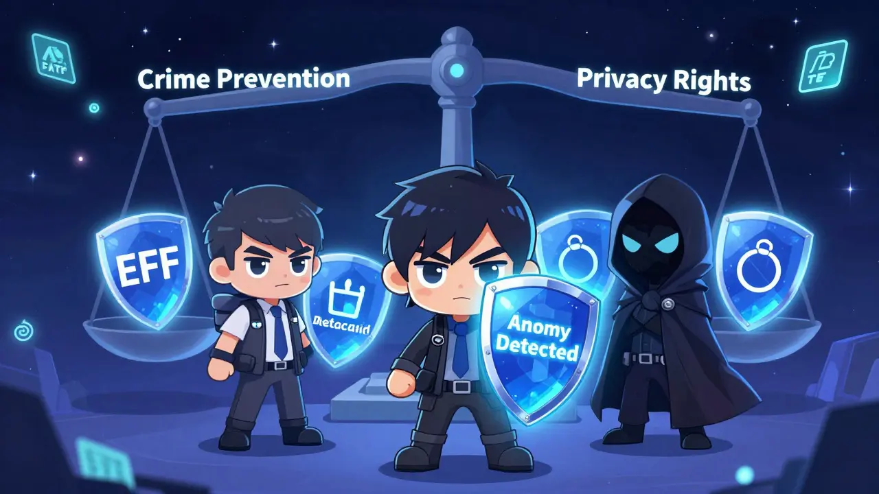 Heroic tracer battles criminal with privacy shields under a balance of crime prevention and privacy rights.
