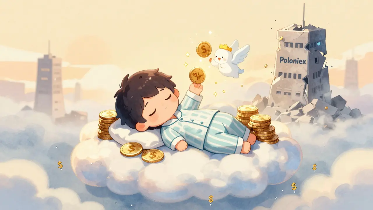 Sleepy holder resting on stablecoin clouds with an angelic coin offering 5% APY interest, Poloniex tower fading in distance.