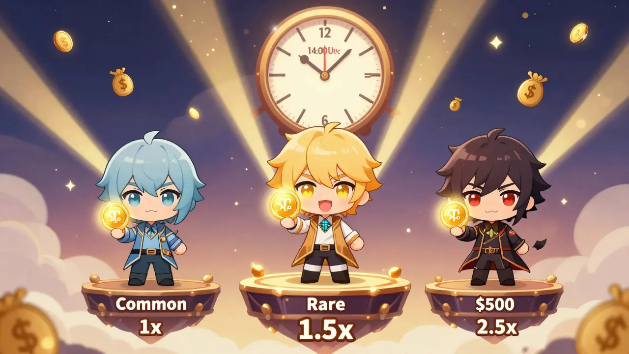 Three chibi NFT holders with different rarity tiers, each with glowing tokens and a weekly reward clock above.