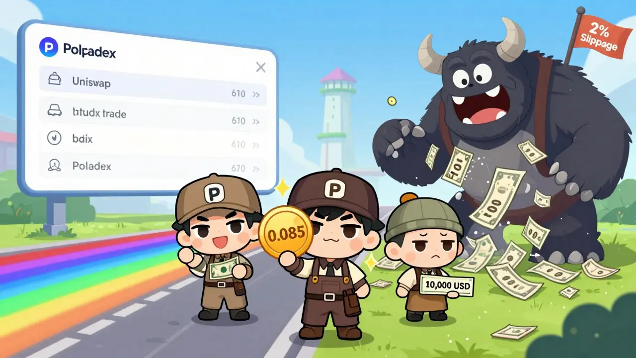 Three chibi traders on a split battlefield showing small trade success vs large trade failure.