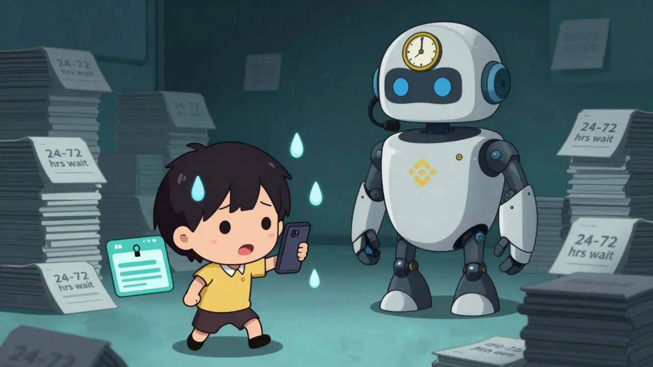 Tiny user stressed by locked account as giant Binance support robot ignores them with a clock head.