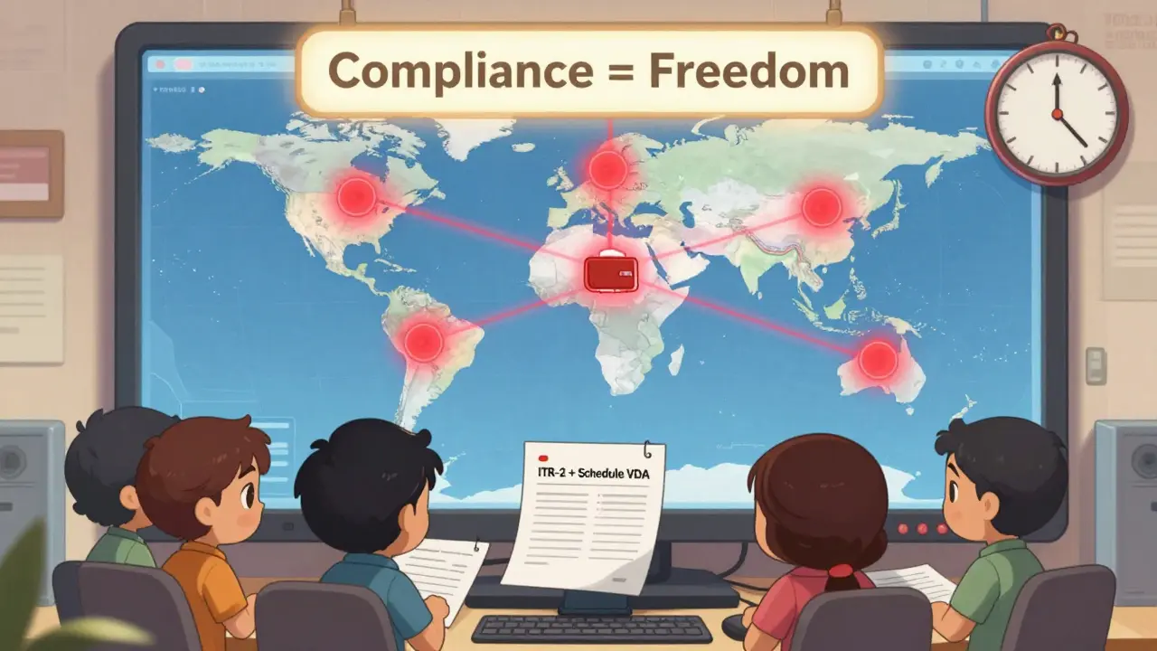Tiny users filing paperwork under a compliance banner as global crypto warnings glow on a screen.