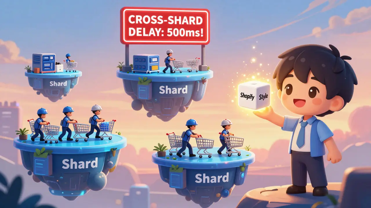 Tiny workers struggling to connect shopping carts across sharded islands, while one perfect database glows safely.