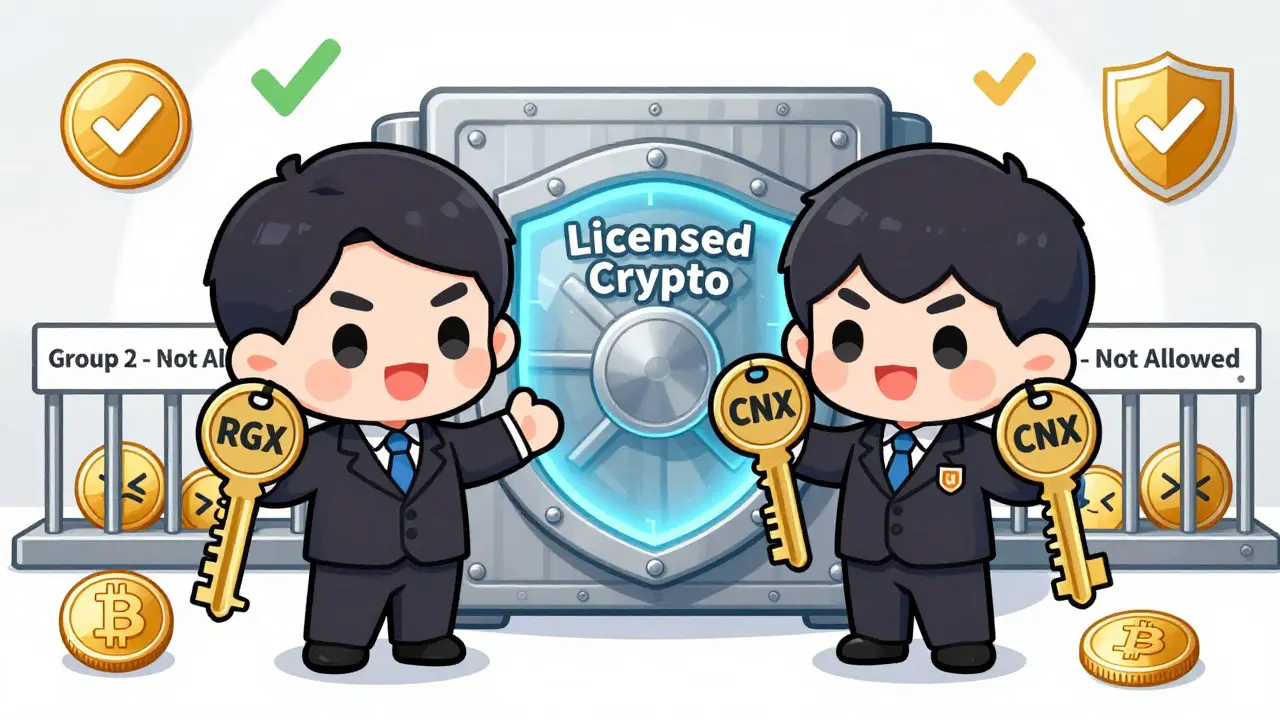 Two cute bankers holding keys to licensed crypto vaults while banned coins are locked away.