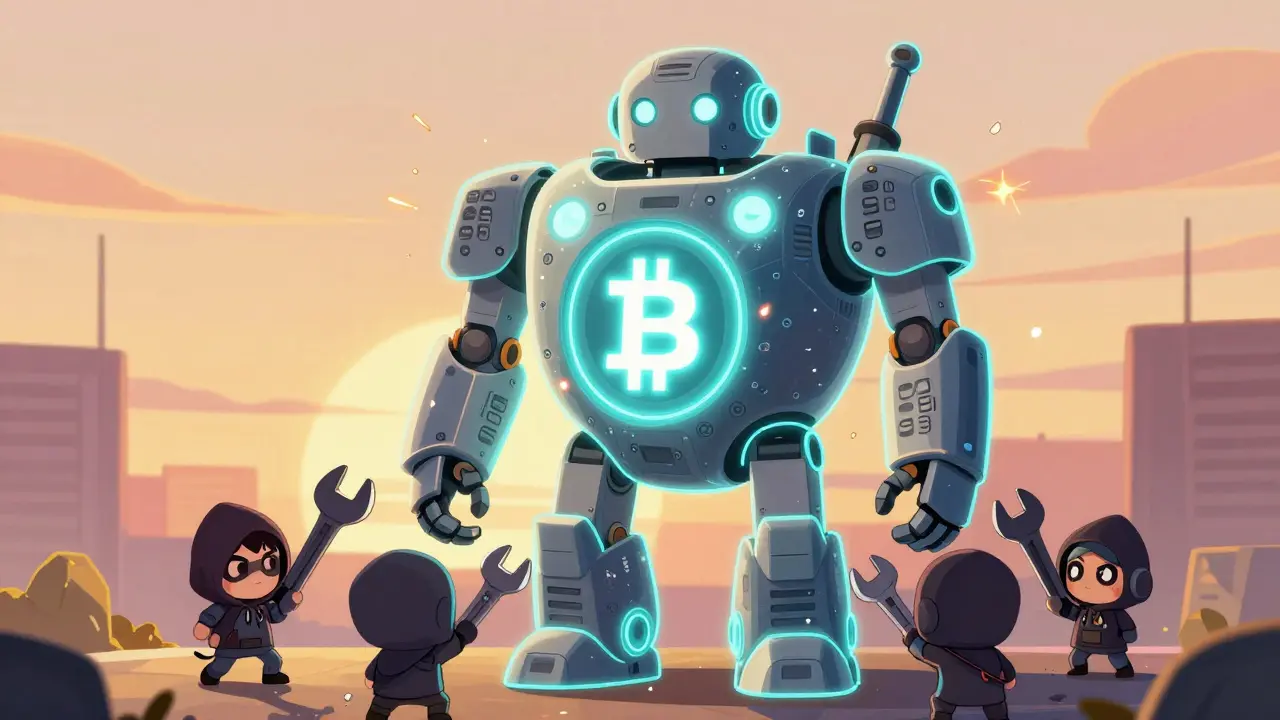 A hash-shaped robot guarding Bitcoin from tiny hackers, glowing with security.