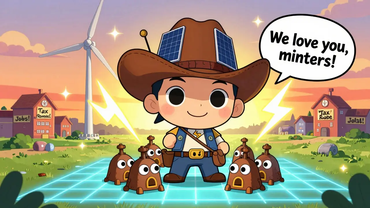 A Texas wind-solar cowboy hat hugging mining rigs under a glowing power grid.