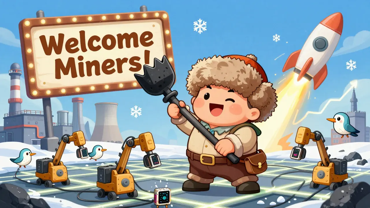 Cheerful chibi miners plugging into a cartoon coal plant in Kazakhstan under snowy skies.