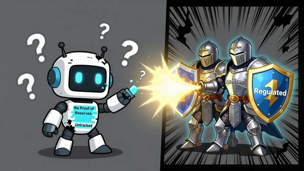 Chibi Blockfinex robot broken next to sturdy knight exchanges Kraken and Coinbase.