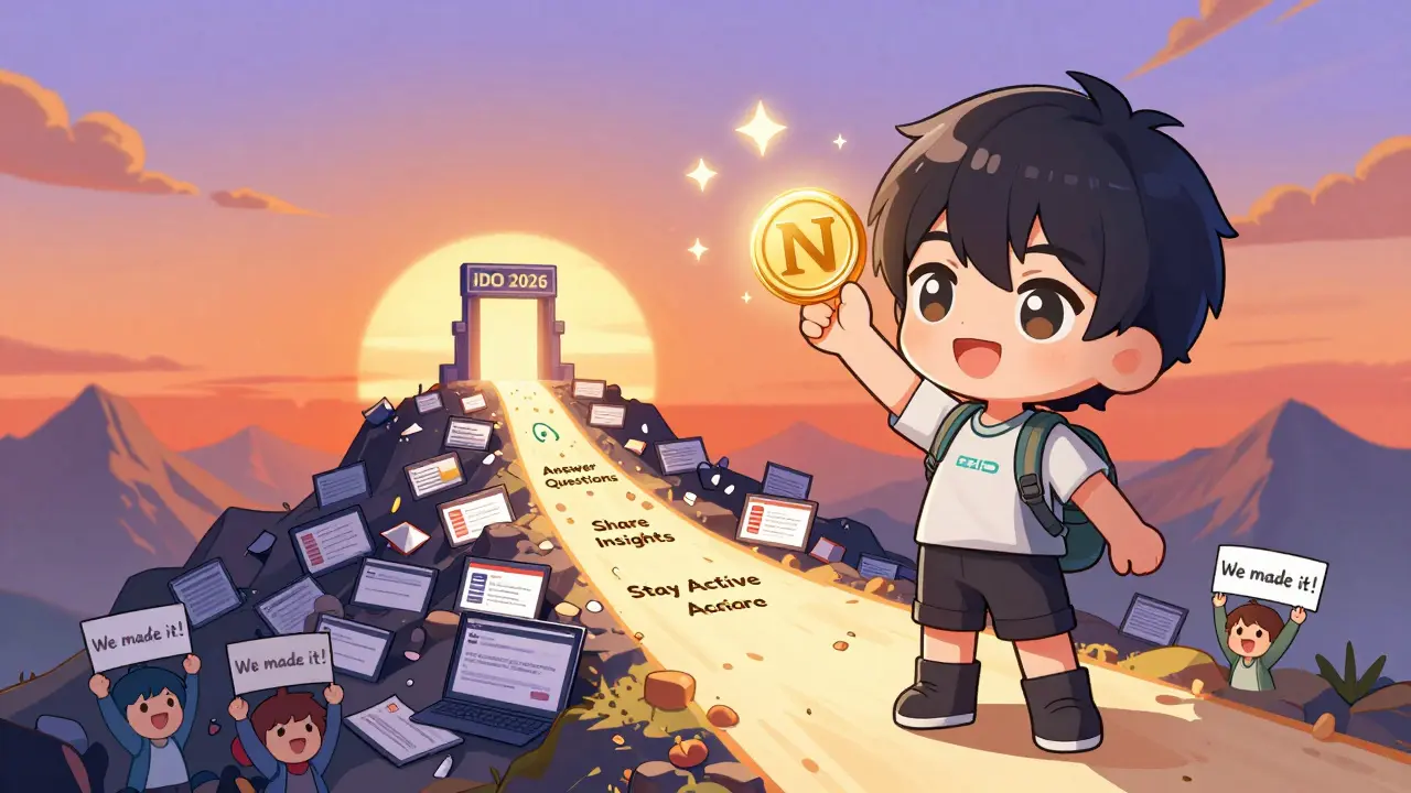 Chibi hero climbs a mountain of fake sites holding an NFTLaunch token toward a bright portal