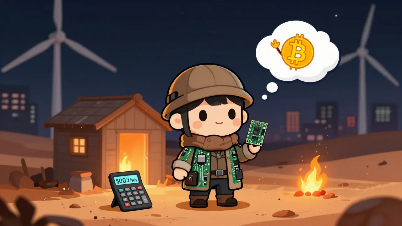 Chibi miner in desert shed powered by flared gas and wind turbines, smiling at low electricity cost