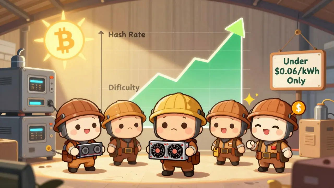 Chibi miners comparing GPU and ASIC mining with profit graph and energy cost sign