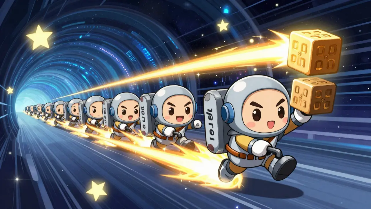Chibi miners racing through a cosmic tunnel filled with hash trails and zero-filled blocks.