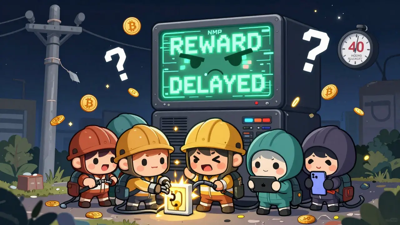 Chibi miners scramble under a broken power line as a glitching server shows 'REWARD DELAYED'.