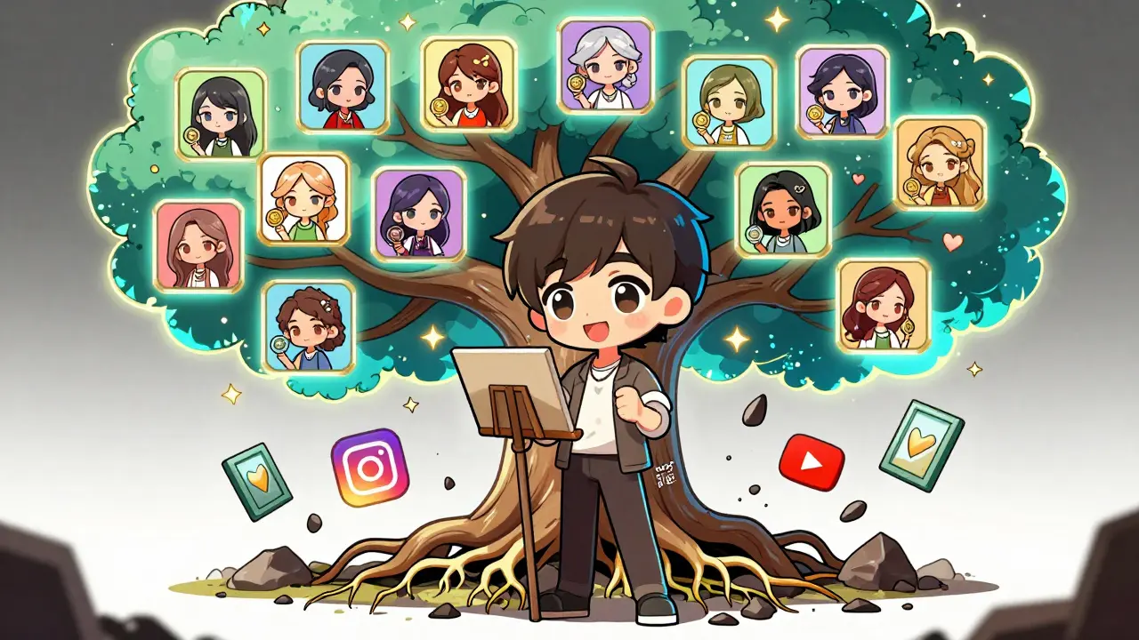 Chibi painter standing before a blockchain tree with followers as floating portraits, traditional platforms crumbling behind.