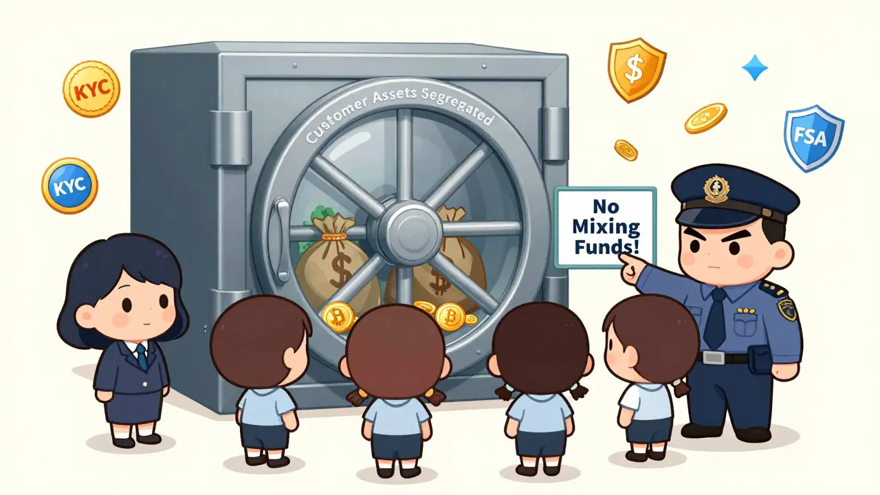Chibi people standing before a segregated crypto asset vault with FSA inspector